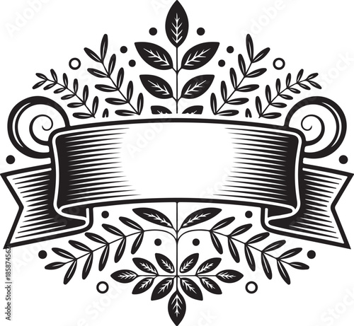 Ornate vintage banner framed by laurel leaves and swirling scrolls elegant heraldic crest background template