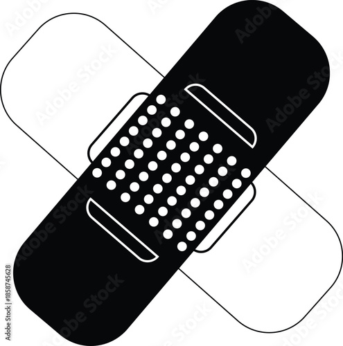 Black and white simple icon illustrating two crossed adhesive bandages, symbolizing first aid and care. Vector