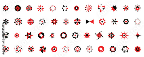 Abstract geometric symbol and rosette icon set featuring radial shapes, stars, floral forms, and decorative circular elements. Ideal for backgrounds, logos, patterns, branding, posters, and modern gra