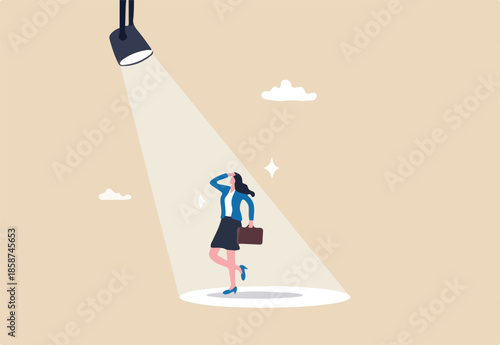 Woman in spotlight, success candidate for job vacancy, outstanding high performance employee, ambition or opportunity concept, confident outstanding businesswoman standing in bright spotlight.
