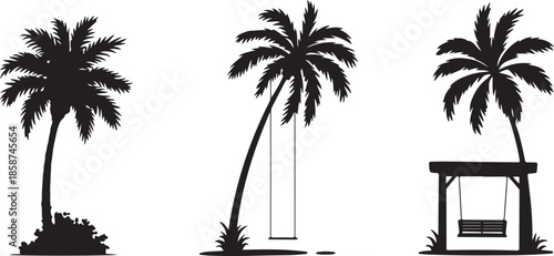 Set of black palm tree silhouettes with swing and hammock bench on beach tropical landscape elements isolated on transparent grid
