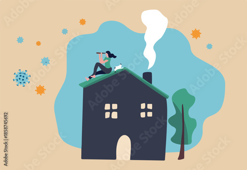 Social Distancing, stay at home in COVID-19 virus outbreak, employee work at home to prevent virus infection, young woman sit on house roof with cat using telescope spying COVID-19 virus pathogens