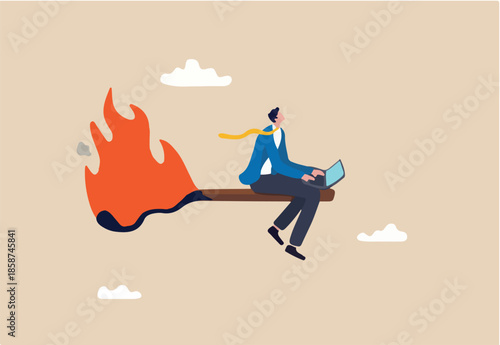 Burnout from overworked or pressure to finish within deadline, frustration or exhausted worker, despair employee or trouble concept, desperate businessman working with laptop on burning matchstick