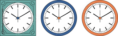 Three analog clock faces in square and circular shapes with hour minute and second hands on transparent background
