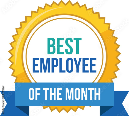 Best Employee Of The Month Award Badge With Gold Seal And Blue Ribbon For Corporate Recognition Vector Illustration