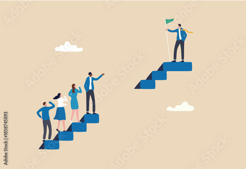 Skill gap, employee difficulty or difference knowledge, competence or career problem, talent obstacle or opportunity challenge concept, business people climb up stair to find sill gap to reach goal