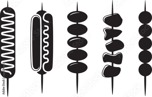 Collection of street food skewers including hot dogs kebabs and sausages on sticks for culinary and fast food themes