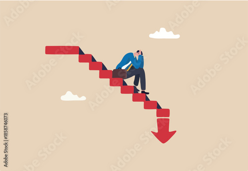 Capital loss or losing money from investment, stock market go down or decline, recession or economic slow down, stock market crisis concept, broke businessman investor on red decline graph and chart.