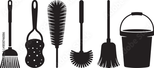 Set of black silhouettes of essential household cleaning supplies like broom sponge duster brush and bucket isolated on transparent background