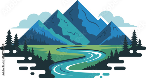 Vibrant mountain landscape with winding river and pine trees representing nature wilderness and outdoor adventure