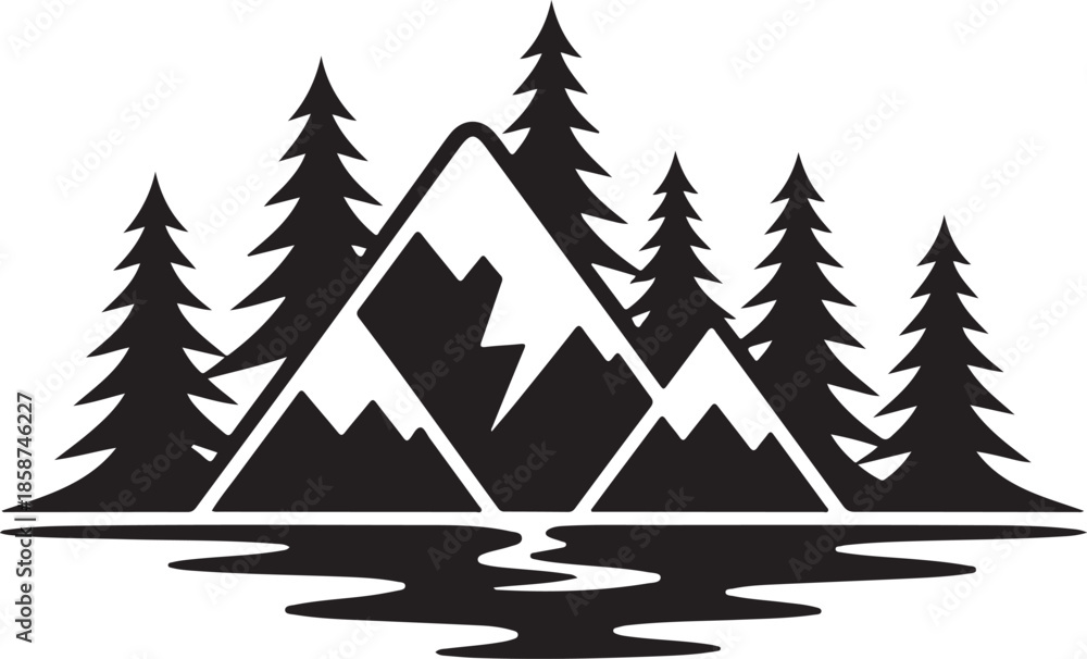 Obraz premium Black graphic silhouette of majestic mountain range reflected in calm water surrounded by tall pine trees
