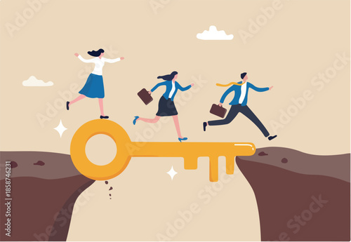 Key success, solution to solve problem and overcome obstacle, link or connect bridge to help achieve success, resolution method or resolve concept, business people walk on key success cross the gap.