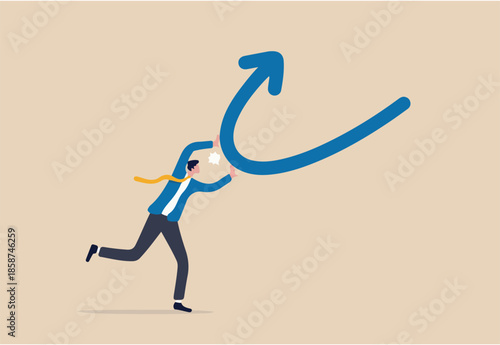 Change, transform or transition, turn into opposite direction form down to up, solution for problem or business improvement concept, confidence businessman push going down arrow change to up direction