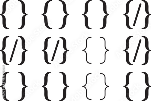 Collection of various curly brace symbols used in typography and programming code with strikethrough variations