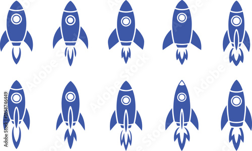 Ten blue rockets with white accents launching space