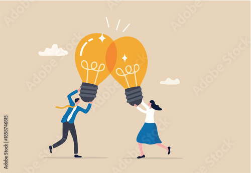 Combine idea, synergy or collaborate to get solution, brainstorm, teamwork or think together to develop great idea concept, businessman, businesswoman join or combine lightbulb idea for best result