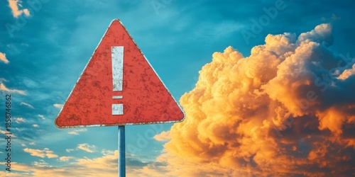 Warning Road Sign Under Dramatic Clouds Indicating Severe Weather and Risky Nature Hazards Ahead