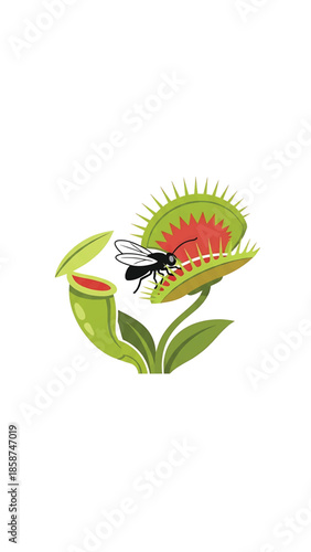 A cartoon illustration of a black fly landing on an open green and red Venus flytrap plant