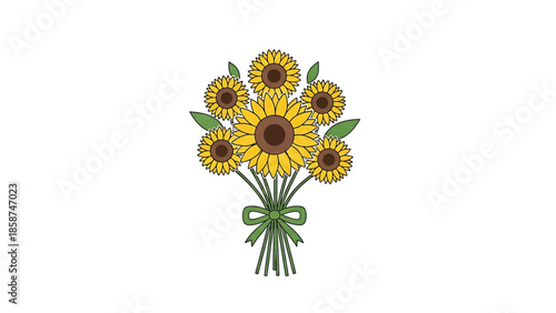 A cheerful illustration of a bouquet of yellow sunflowers with green leaves and a green ribbon