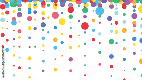 A colorful, playful abstract background with a cascade of multi-sized polka dots and circles on a clean white surface