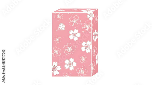 A delicate pink rectangular box adorned with numerous white cherry blossom flower illustrations on a white background