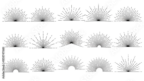 A grid of fifteen black and white abstract sunburst or starburst graphic elements with radiating lines
