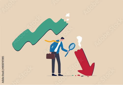 Market crash analysis, learn from failure or crisis and recession data, analyze or measure investment downturn concept, businessman analyst using magnification glass to look at red crash graph arrow.