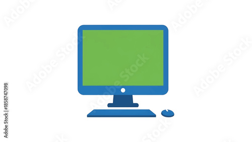 A minimalist flat design illustration of a blue computer monitor with green screen, keyboard, and mouse on white