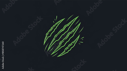 Abstract dark background featuring a vibrant, glowing green set of stylized claw marks in the center