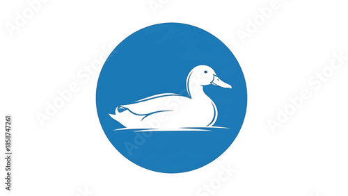 A white duck illustration floats on water within a blue circle on a white background. Simple icon