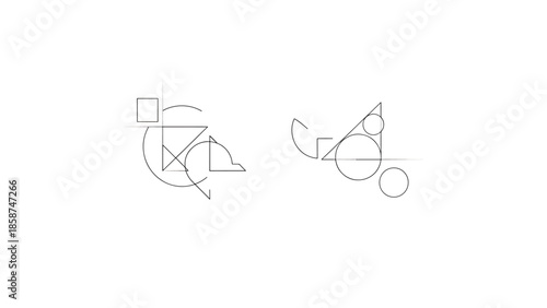 Abstract geometric line art featuring overlapping circles, triangles, and squares on a pristine white canvas