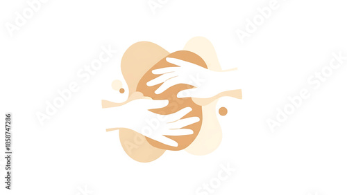 Abstract illustration of two pairs of hands gently holding an organic, bread-like shape in warm earth tones