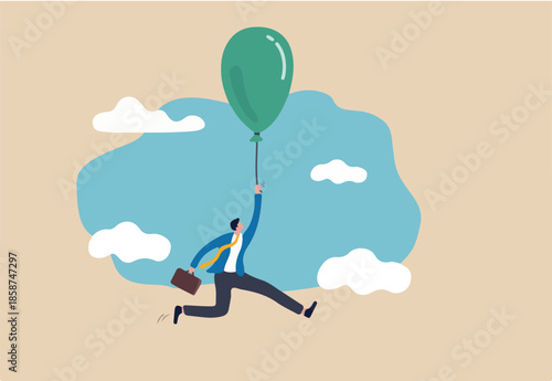 Financial bubble by QE injected money concept, businessman investor holding flying balloon tight afraid to fall off.