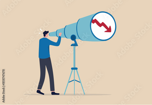 Stock market forecast downfall, vision to see future economic crisis or market crash concept, panic businessman investor look through telescope to see stock market red downward bearish graph