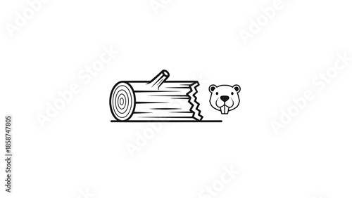 Black outline icon of a cute cartoon beaver head with large teeth next to a log it has gnawed