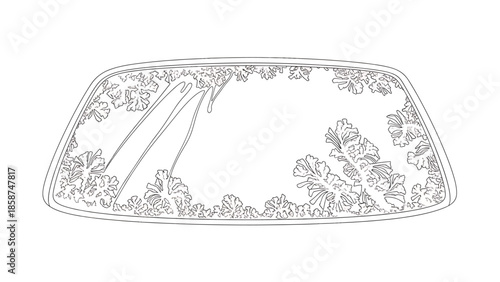 Black outline illustration of a car rear windshield filled with intricate frost patterns and two defroster lines