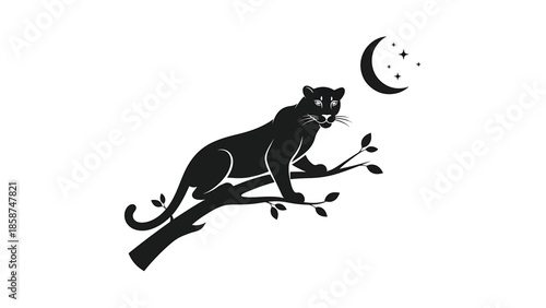 Black panther silhouette on a tree branch under a crescent moon and twinkling stars at night