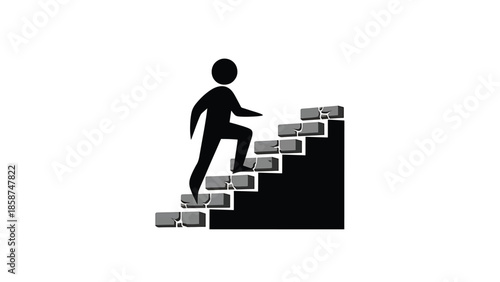Black silhouette climbing a gray, broken brick staircase against a white background