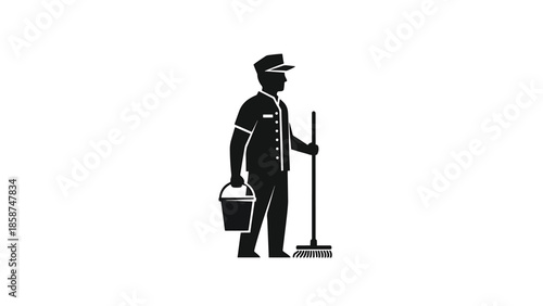 Black silhouette of a male worker in uniform, holding a bucket and a mop/broom, isolated on white