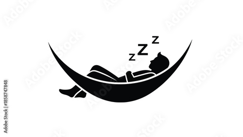 Black silhouette of a person sleeping peacefully in a curved hammock with 'Zzz' symbols above their head