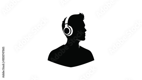 Black silhouette of a person's head and shoulders in profile wearing headphones on a white background