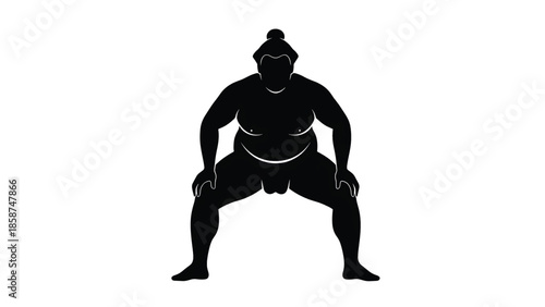 Black silhouette of a sumo wrestler in a ceremonial squat pose on a clean white background