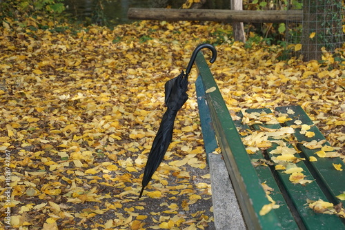 Vergessener Schirm angelehnt an Parkbank im Herbst mit viel goldenen Laub 1858747867