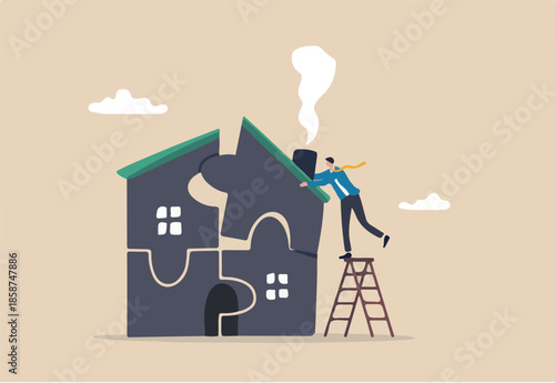 Plan to buying new house or renovation, mortgage loan or housing expense, property maintenance or real estate insurance concept, smart businessman put jigsaw to complete or finishing house puzzle. 