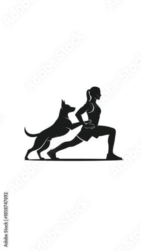 Black silhouette of a woman lunging with a dog, symbolizing fitness, companionship, and pet wellness