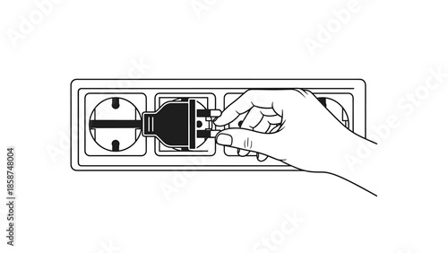 A human hand inserts an electrical plug into one of three outlets on a power strip, line art illustration