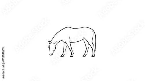 A minimalist black outline drawing of a horse with its head lowered as if grazing, on a white background