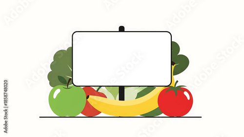 A minimalistic illustration featuring a blank white signboard surrounded by colorful fresh fruits and vegetables