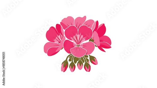 A vibrant illustration of a cluster of pink flowers with green buds on a clean white background