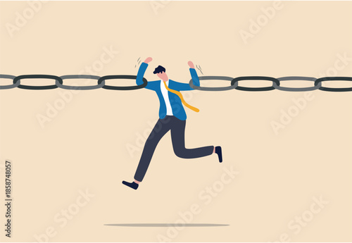 Business risk, vulnerability, danger and weakness or conflict causing failure in business and investment concept, tried fatigue businessman trying to hold broken chain together with his low energy
